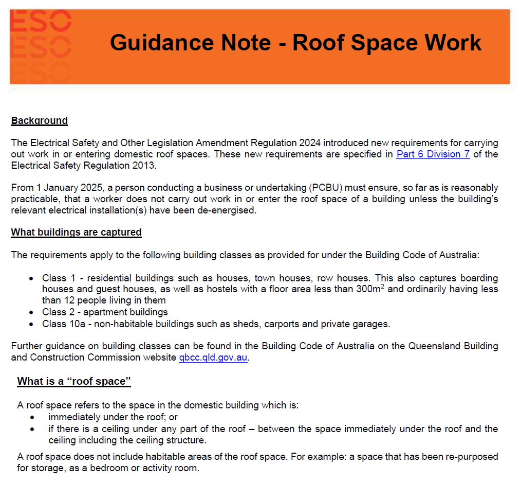 Guidance note roof space work 2025