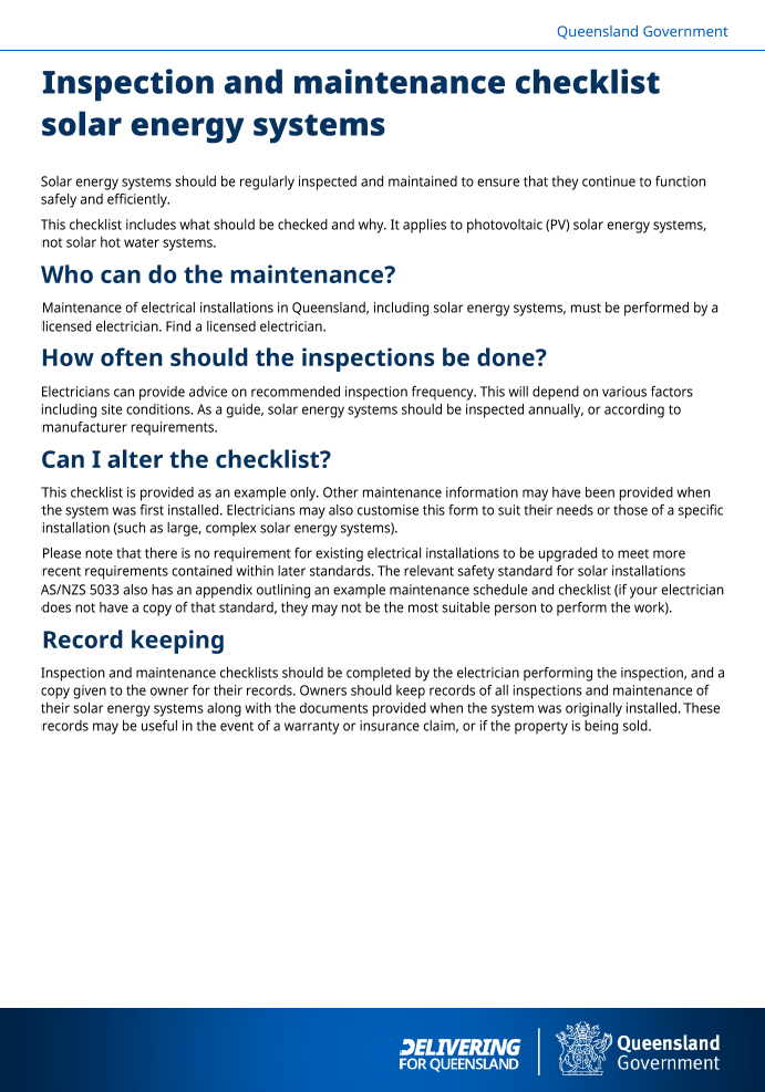 A screenshot of the first page of the Inspection and maintenance checklist solar energy systems 